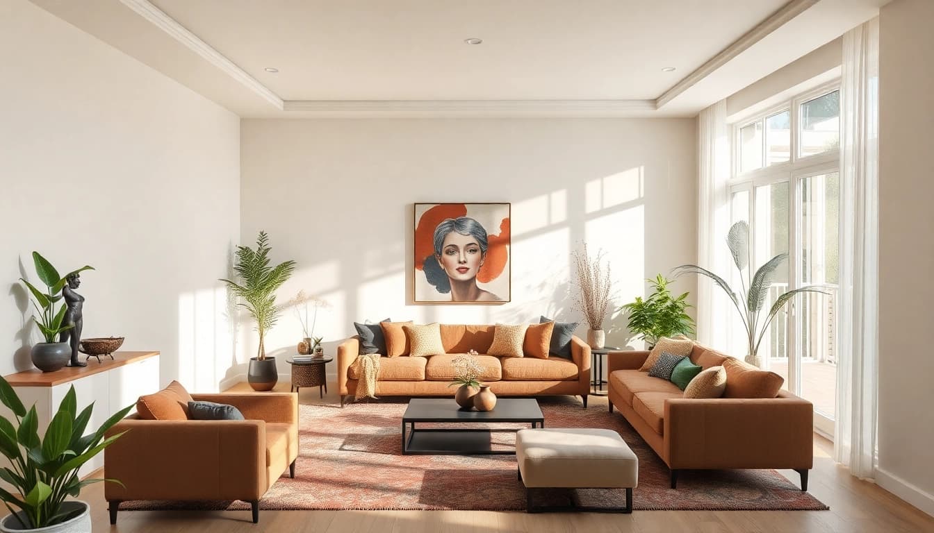 Raumgestaltung mit harmonischen Farben und eleganten Möbeln schafft eine einladende Atmosphäre in einem modernen Wohnzimmer.