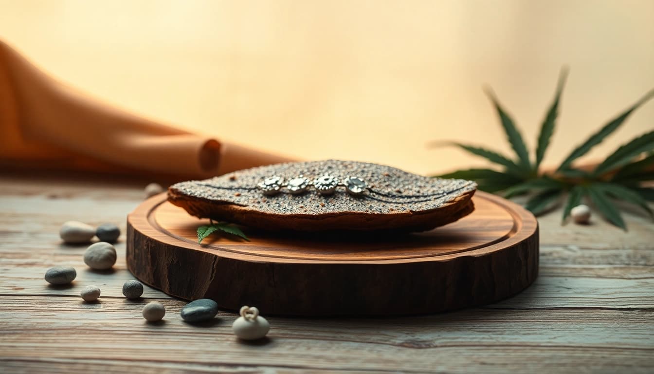 Genieße die Qualität des Haschisch auf einer Holzplatte mit Cannabisblättern und dekorativen Steinen, sanft beleuchtet.
