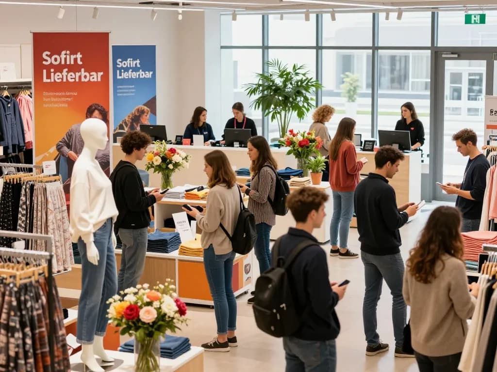 Sofort Lieferbar Einkaufsszene mit vielfältigen Kunden, die stilvolle, sofort lieferbare Modeartikel erkunden.
