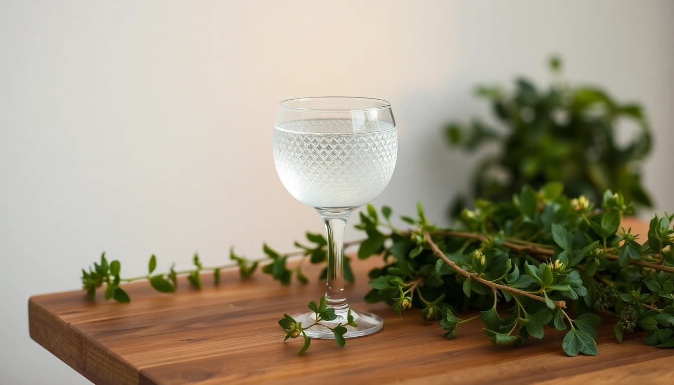 Verzehr von Kolloidales Silber 75 ppm in einem Glas, verziert mit frischen Kräutern, das gesundheitsfördernde Eigenschaften betont.