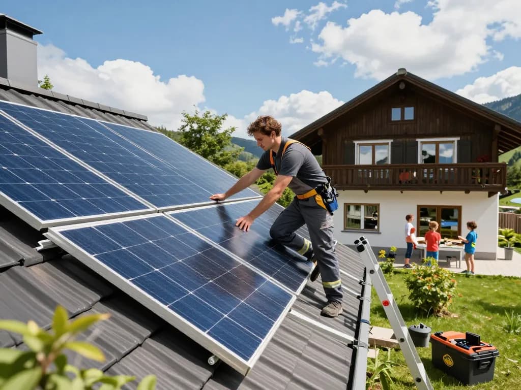 Photovoltaik Bayern: Techniker installiert Solarpanels auf einem bayerischen Zuhause, während eine Familie zusieht.