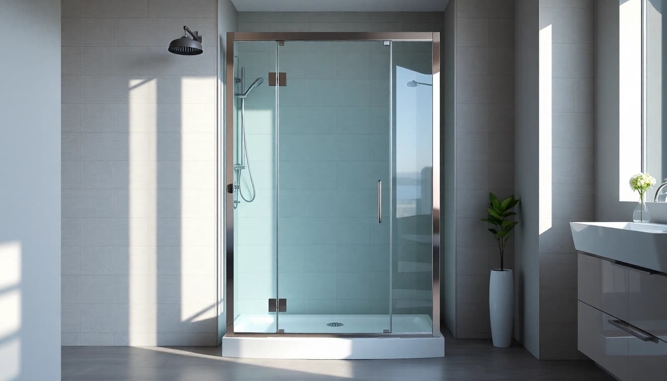 Moderne Duschkabine 100x100 mit eleganten Glaswänden und Chrom-Details, harmonischer Raum.