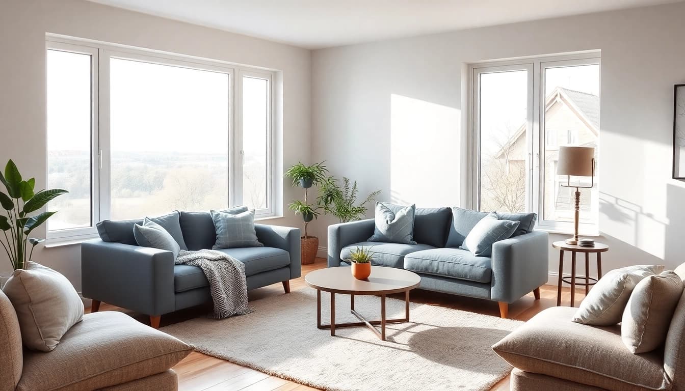 Moderne Raumgestaltung eines einladenden Wohnzimmers mit natürlichem Licht und harmonischen Farben.
