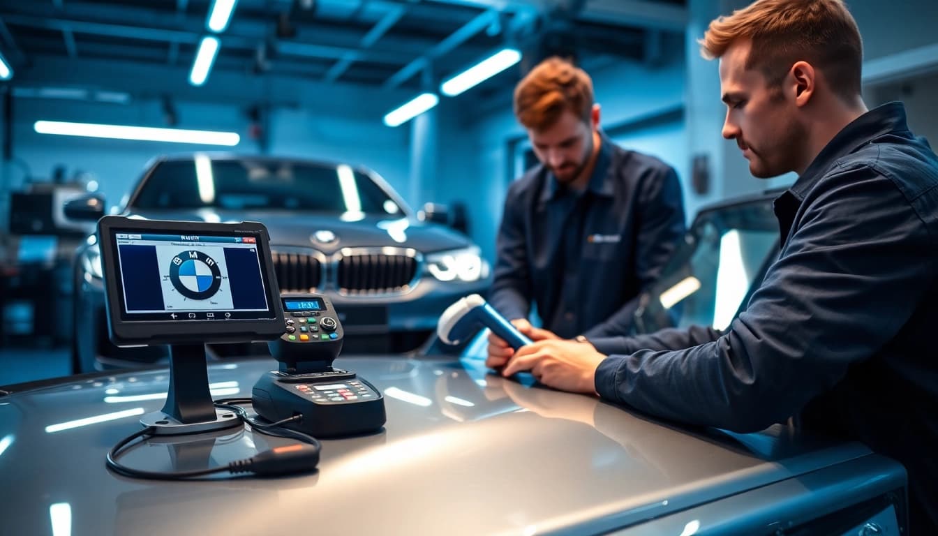 BMW Codierer analysiert leistungsstarke BMW Fahrzeuge in einer modernen Werkstatt mit präzisen Werkzeugen.