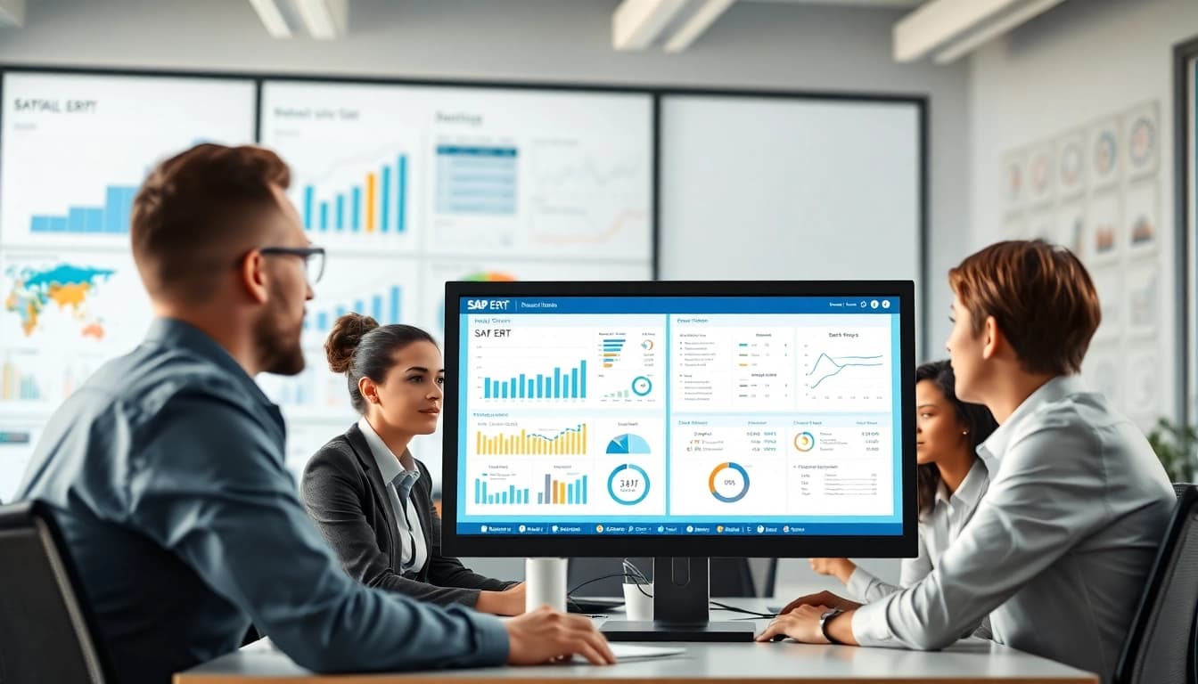 SAP ERP workspace with a collaborative team engaging in data-driven solutions.