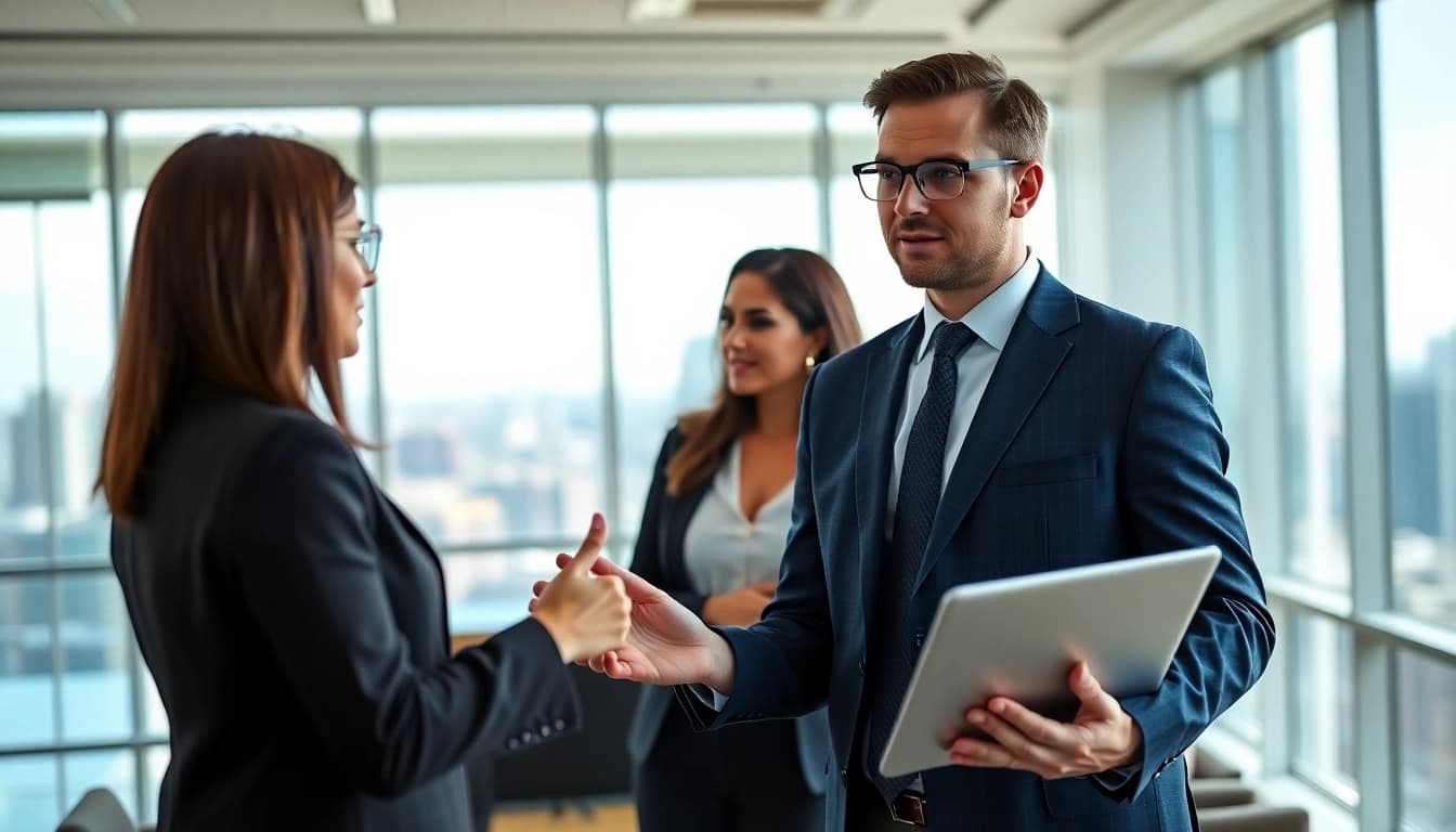 Headhunter Schweiz berät in einem modernen Büro über Kandidatenprofile.