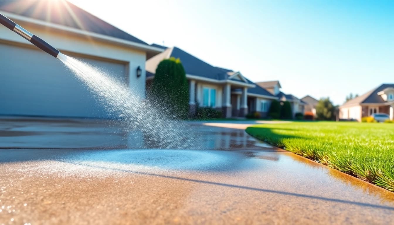 Driveway pressure wash showcasing a professional cleaning service restoring a concrete driveway.