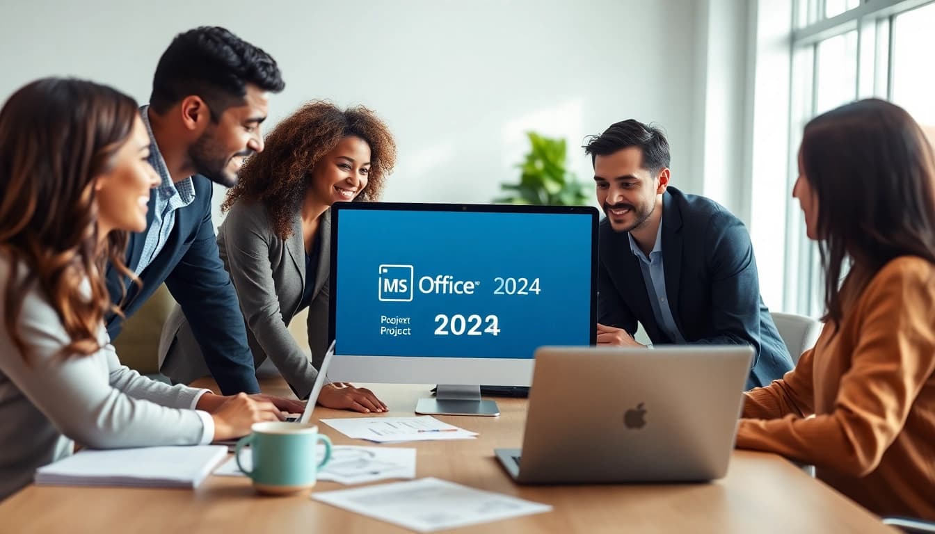 MS Office 2024 für Unternehmen erwerben in einer modernen Büroumgebung mit einem Team bei der Zusammenarbeit.
