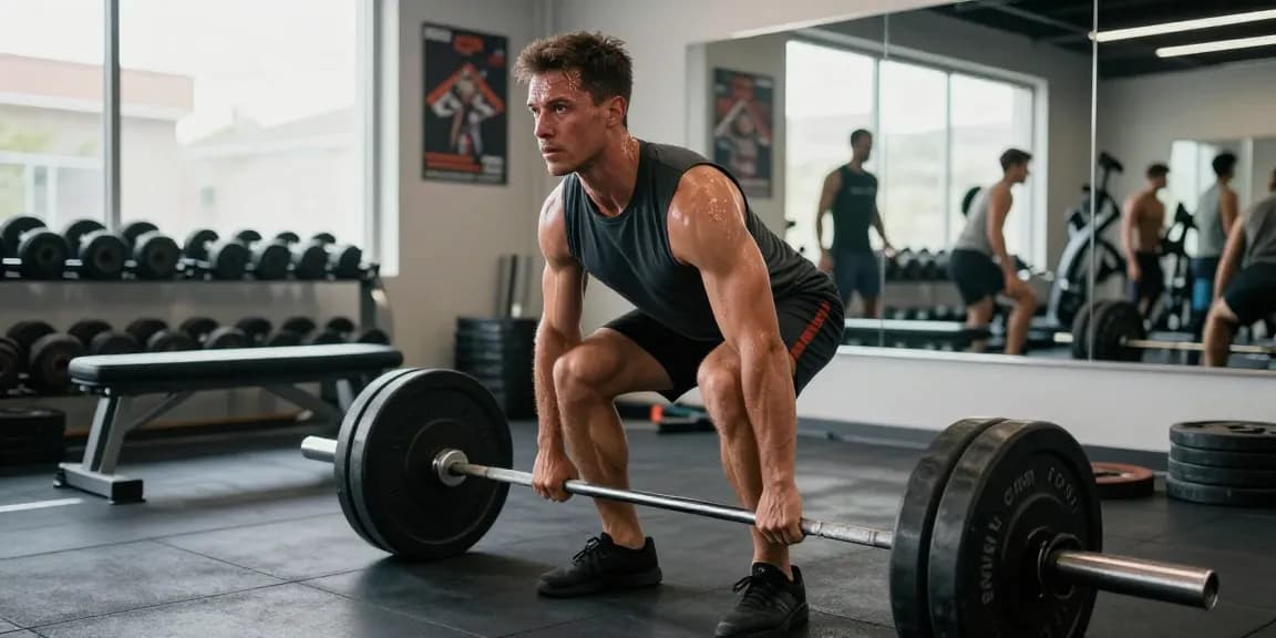 Mann hebt Gewichte im Fitnesscenter von Steroidshop und zeigt Krafttraining und Athletik.