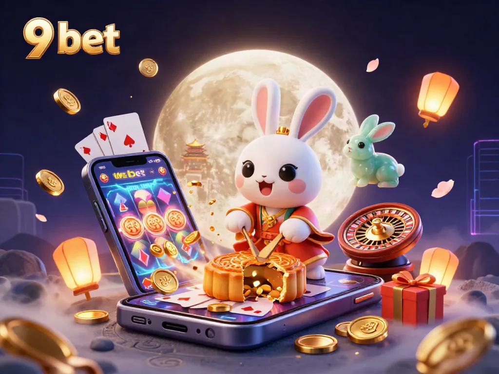 Engage in exciting gameplay with 9 bet while discovering poker chips inside golden mooncakes amid a vibrant casino scene.