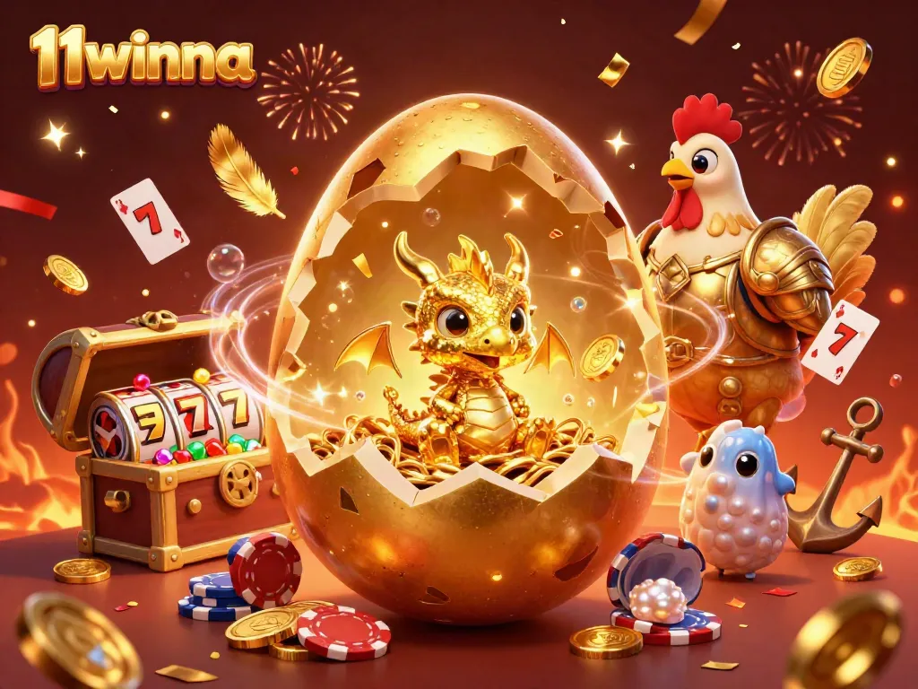 Engage in thrilling slots with 11winna, featuring a golden baby dragon amidst poker chips and treasure.