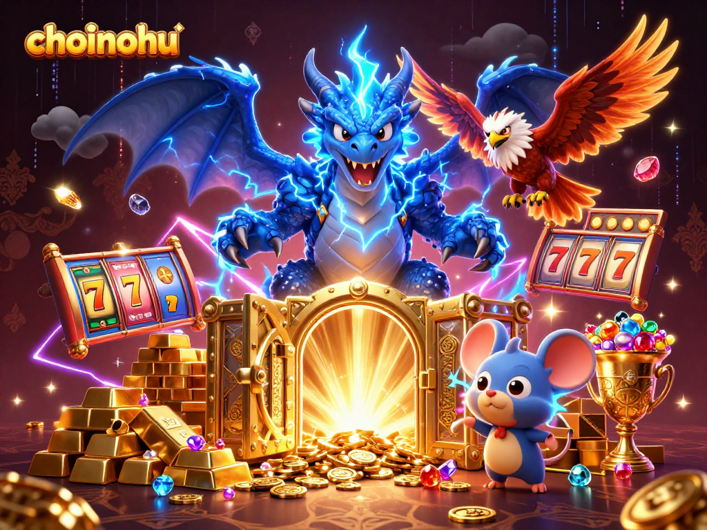 Experience thrilling action with choinohu's powerful dragon and treasures in a vibrant casino scene.