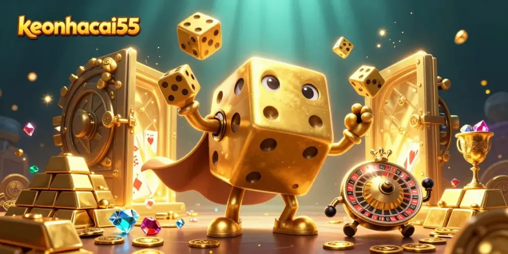 Engage with keonhacai55, featuring a dynamic scene of a golden dice golem and rich gaming elements.
