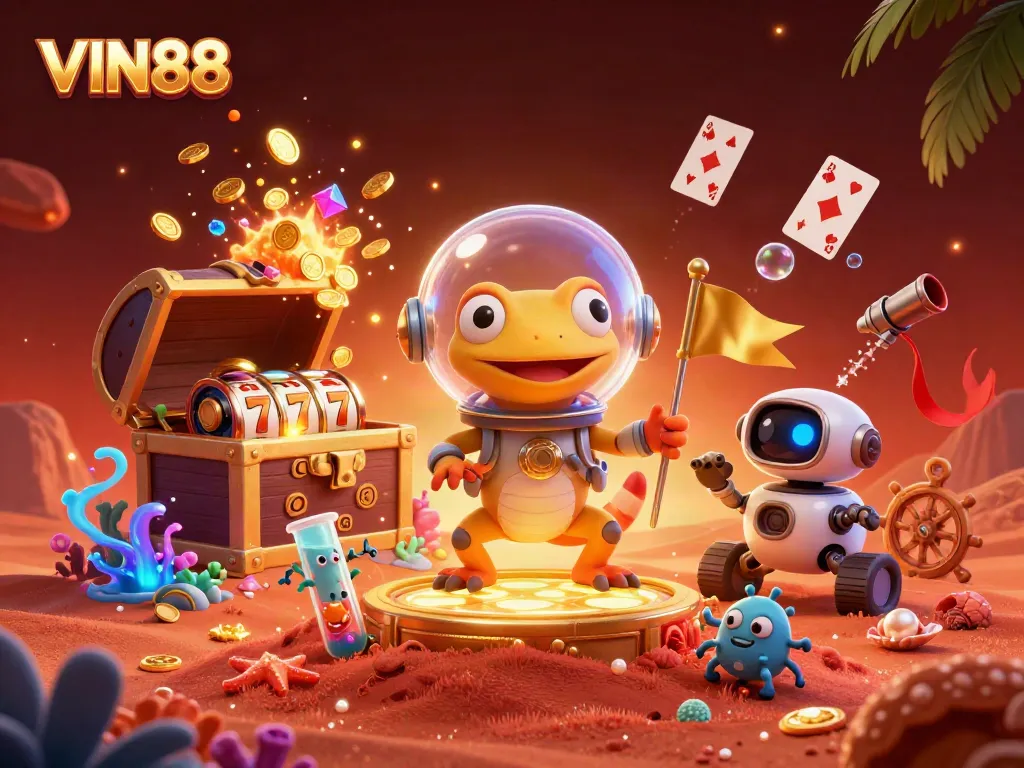 Engage in thrilling games at VIN88 with 3D cartoon characters celebrating a vibrant casino atmosphere.