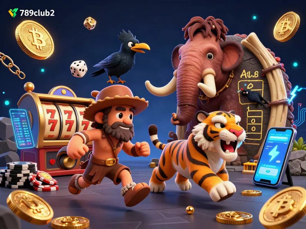 Place your bets with 789club2 at an ultra-detailed casino featuring neon crypto coins and classic gaming elements.