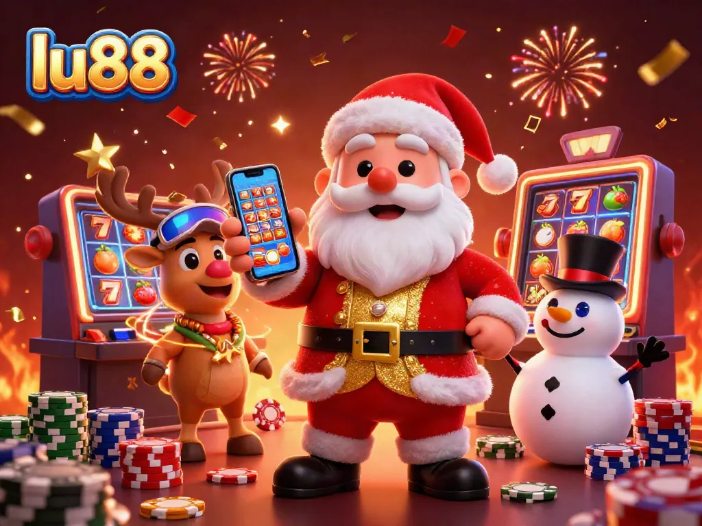 Engage in thrilling gameplay at lu88 with a vibrant 3D casino scene showcasing jackpot slots and festive characters.