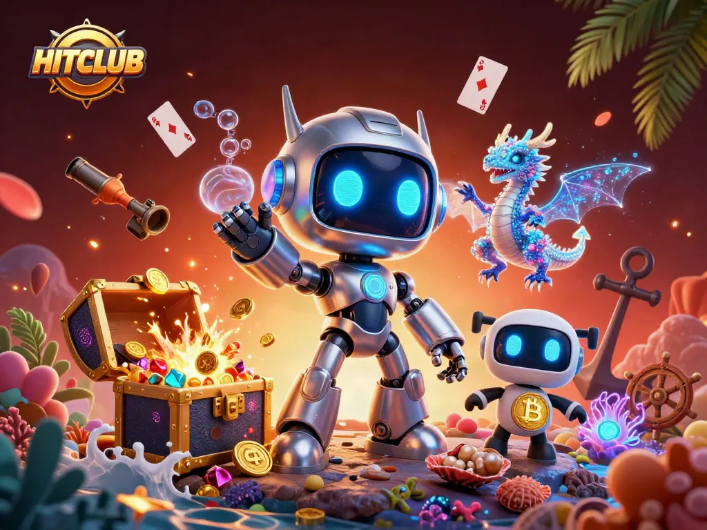 HITCLUB engages players with dynamic gaming and vibrant treasures in a colorful 3D illustration.