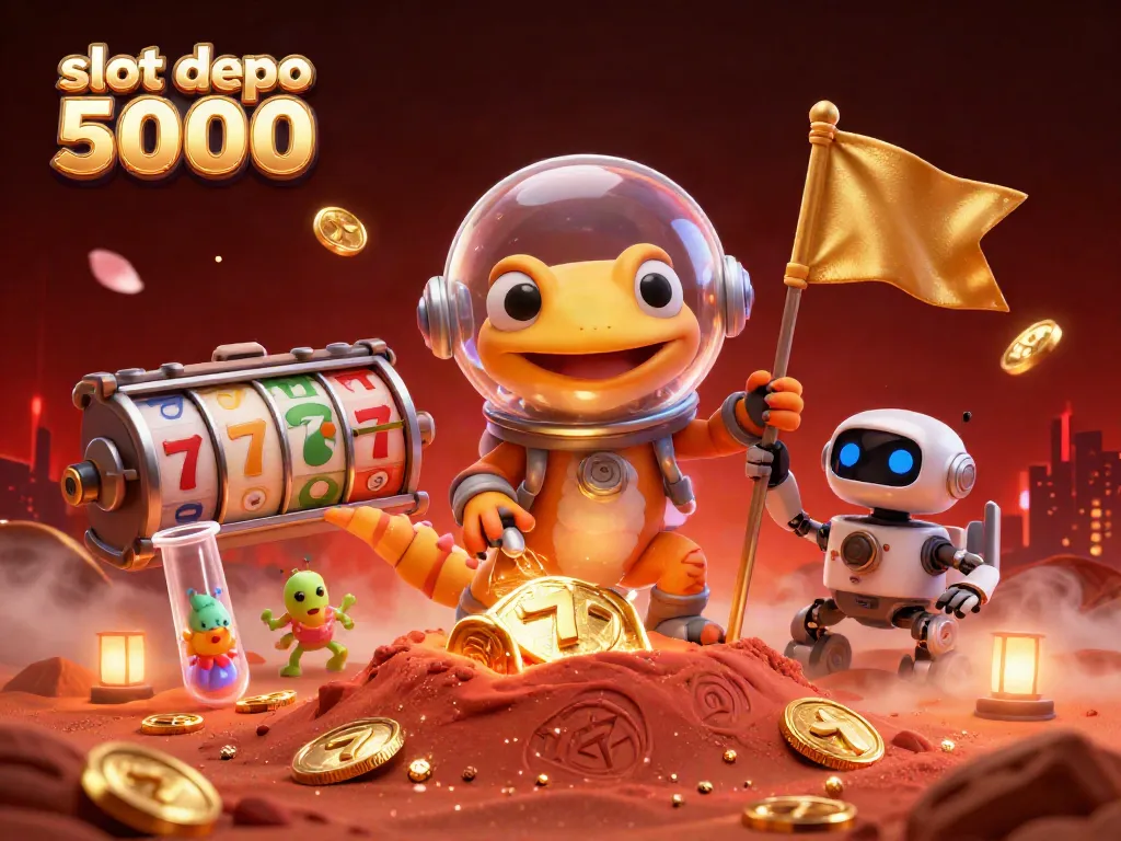 Experience the excitement at slot depo 5000 with a cartoon Martian gecko and golden jackpot elements!