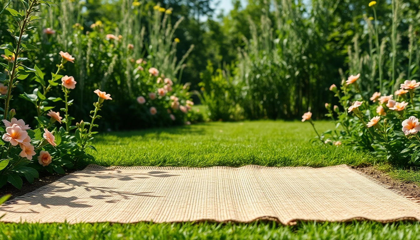 Hanfmatte in einem Garten, umgeben von Blumen und grünem Laub, das eine entspannende Atmosphäre schafft.