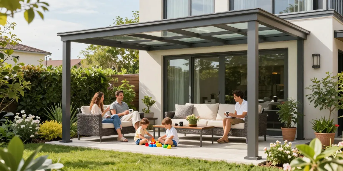 Familie unter einer Terrassenüberdachung genießend bei sonnigem Wetter in einem schönen Garten.