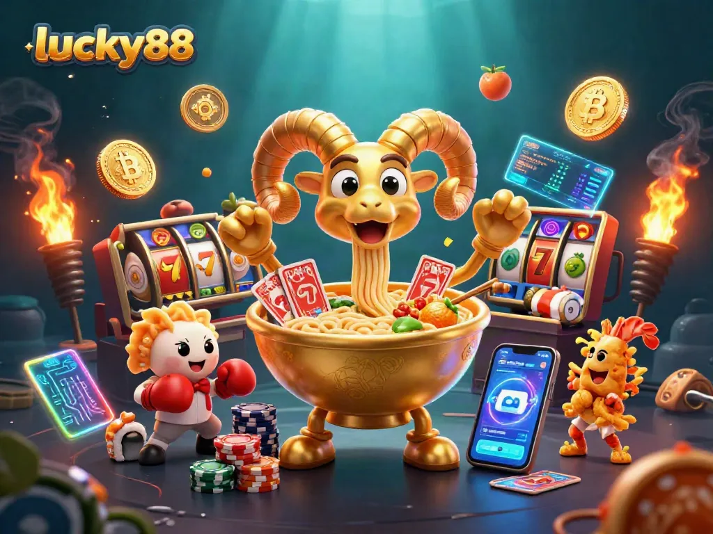 Experience lucky88 with vibrant 3D characters dealing cards amidst a lively casino setting.