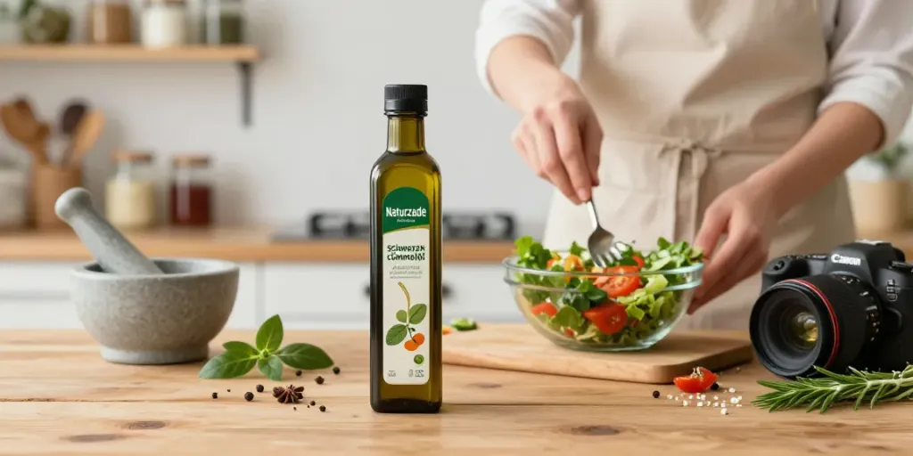 Naturzade Schwarzkümmelöl auf einem rustikalen Holztisch, umgeben von frischen Kräutern und Gewürzen, während ein gesundes Salatgericht zubereitet wird.