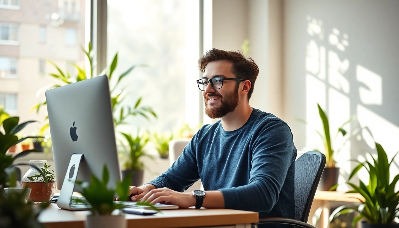 Gründer, der einen Pflegedienst gründen möchte, motiviert am Arbeitsplatz im modernen Büro.