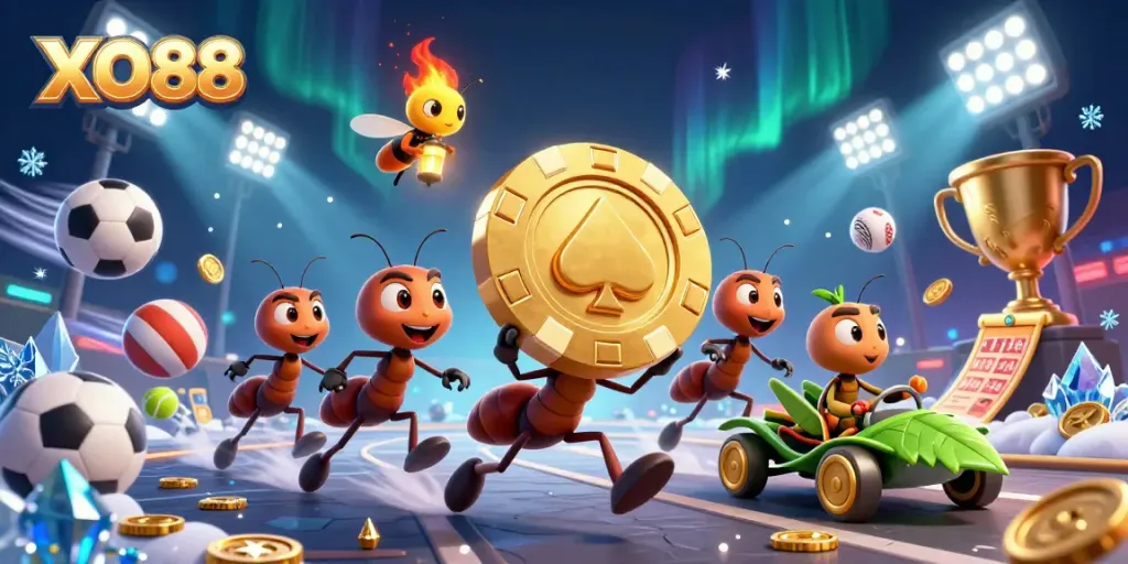 Experience thrilling heists at XO88 with cartoon ants and poker chips in a vibrant casino setting.