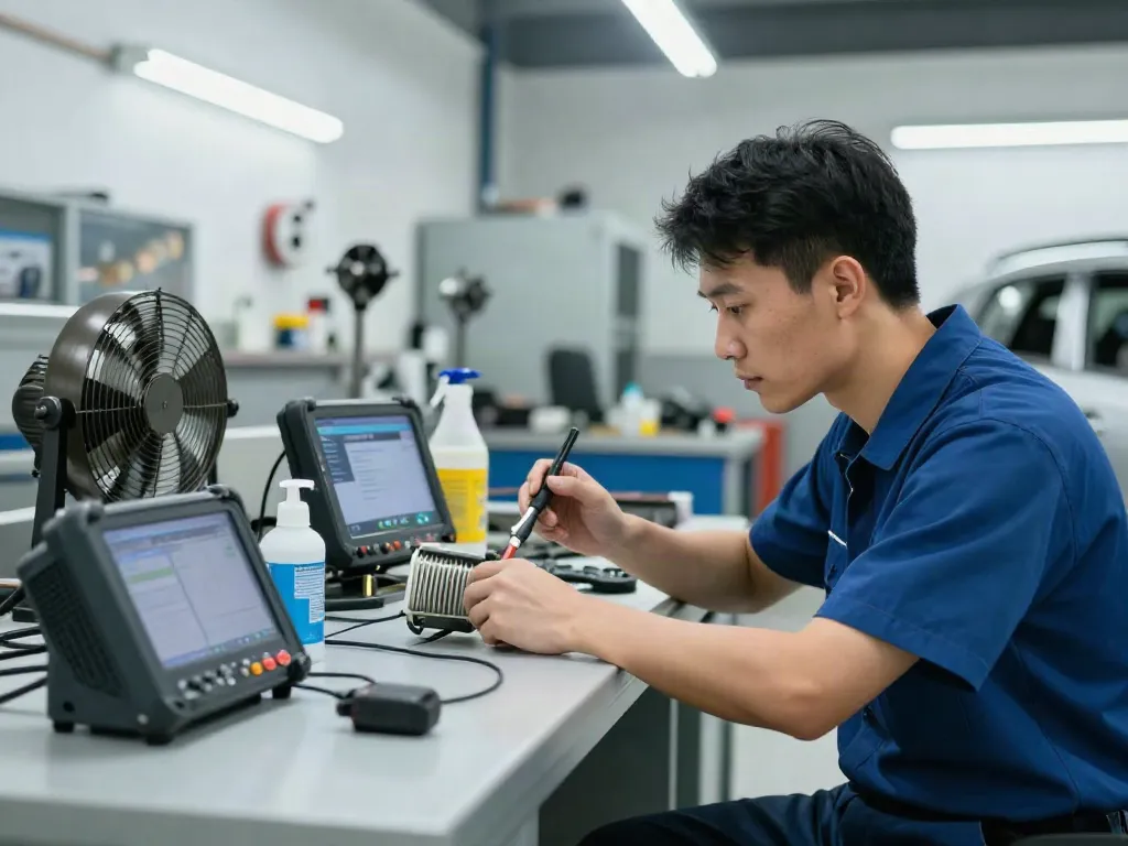 DPF Reinigung Hannover: Fachtechniker inspiziert Dieselpartikelfilter in einer professionellen Werkstatt.