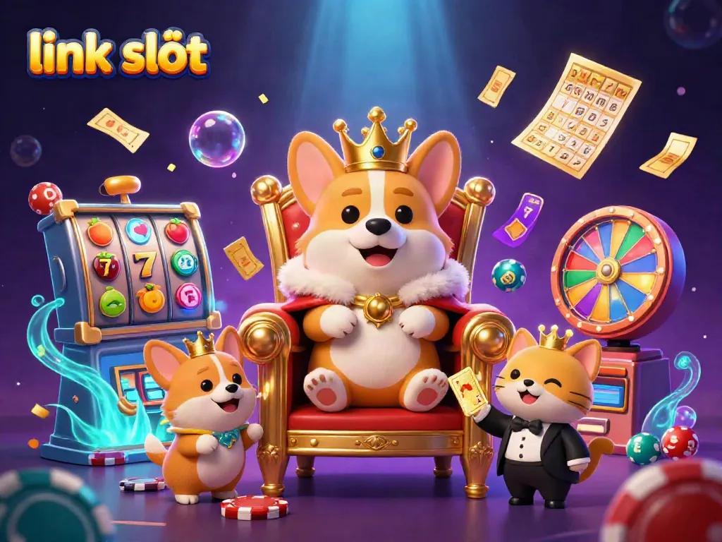 Experience the thrill of winning with the link slot featuring a royal corgi and colorful slots in a vibrant casino scene.