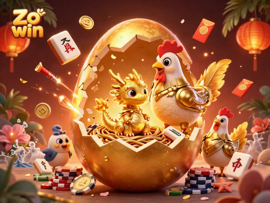 Join the excitement at Zo win with a stunning golden dragon and poker chips amidst vibrant casino elements.