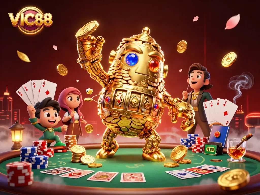 Experience thrilling victories with VIC88 as the golden golem illuminates your high-stakes poker game.