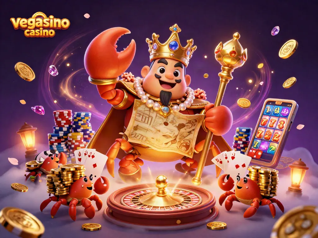 Win at vegasino casino with fun games, coins, and a golden crab emperor in a vibrant scene.