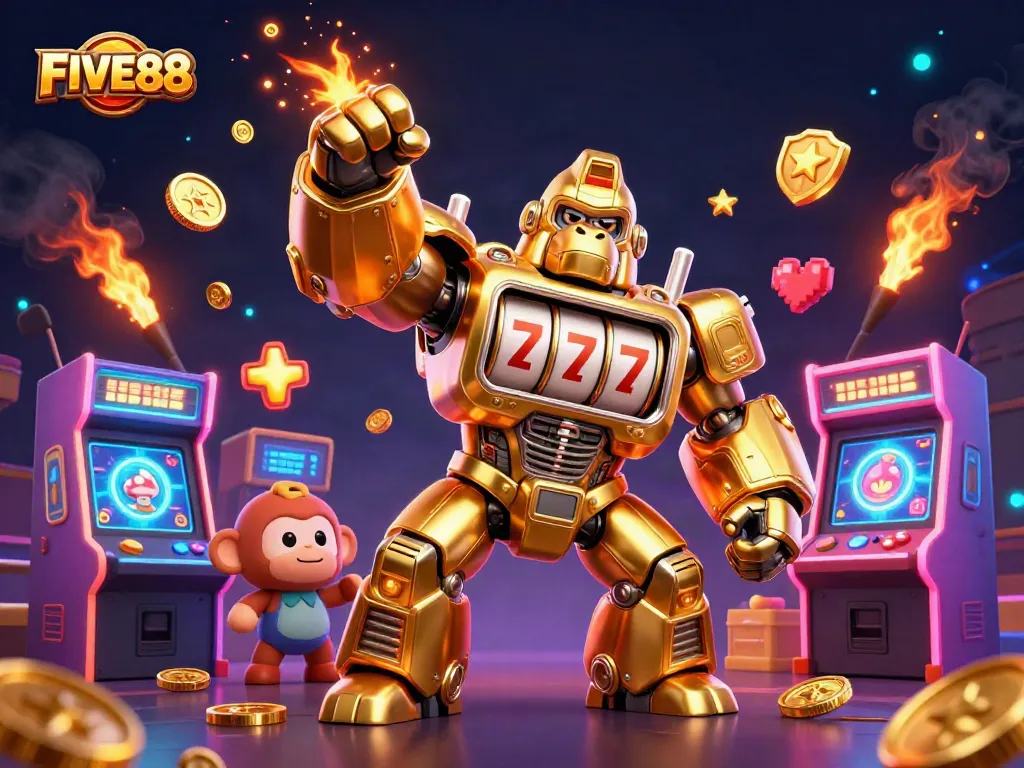 FIVE88's dynamic gaming scene featuring a golden mech and vibrant arcade elements that captures the thrill of online betting.