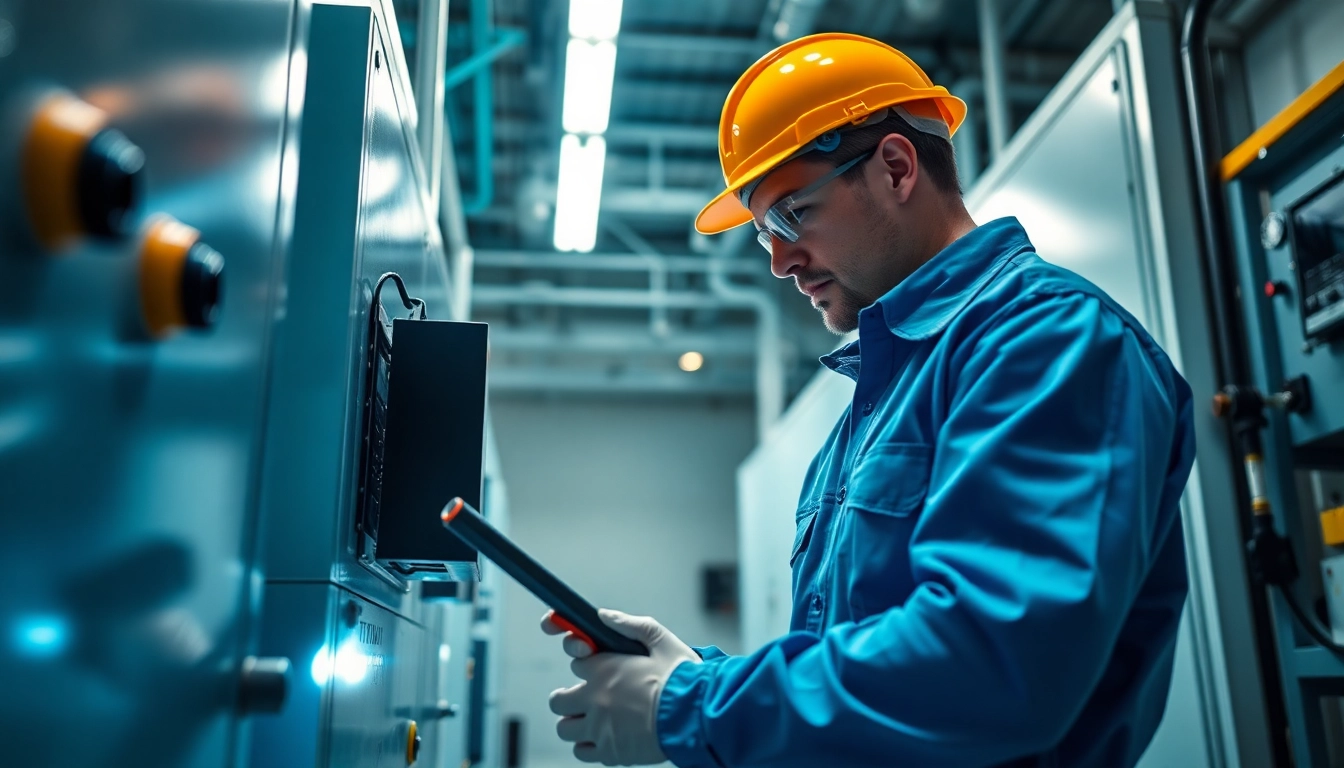 Technician performing a DGUV V3 Prüfung on electrical devices with safety equipment in a factory.