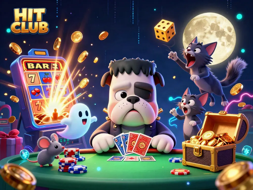 Engage with the HIT CLUB in a thrilling casino scene featuring unique characters and vibrant gaming elements.