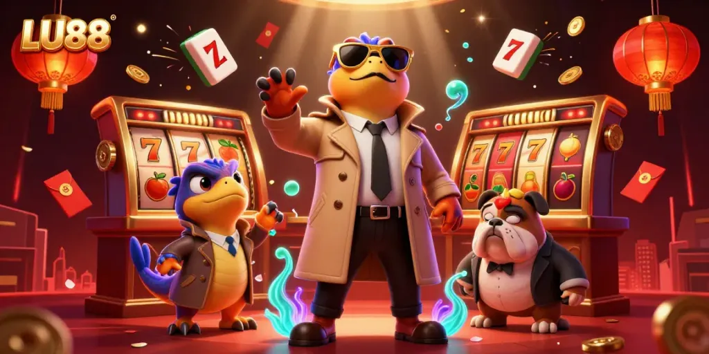 LU88 showcases three raptors in a trench coat entering a VIP casino, surrounded by vibrant gaming elements.