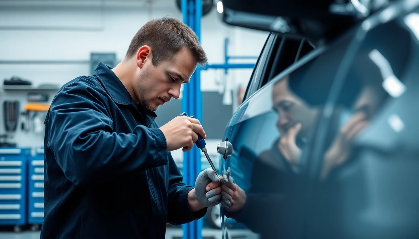 Smart Repair München Preis: Fachmann repariert Dellen in einer modernen Werkstatt.