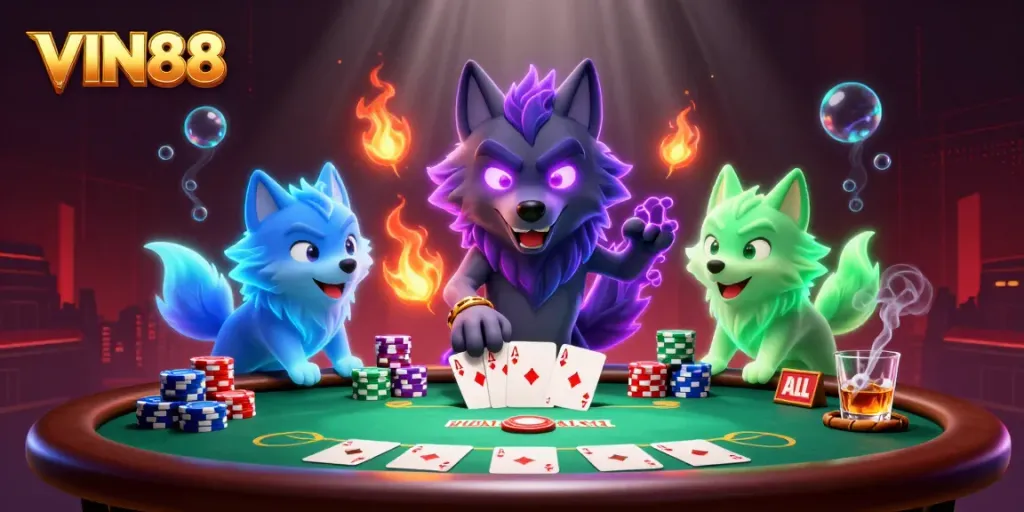VIN88 showcases thrilling poker action with glowing wolves and vibrant gaming elements.