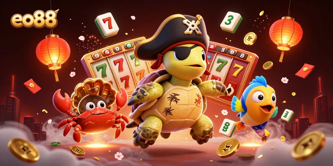 eo88 casino scene with a pirate turtle, crab, and parrotfish surrounded by lively slots and treasures