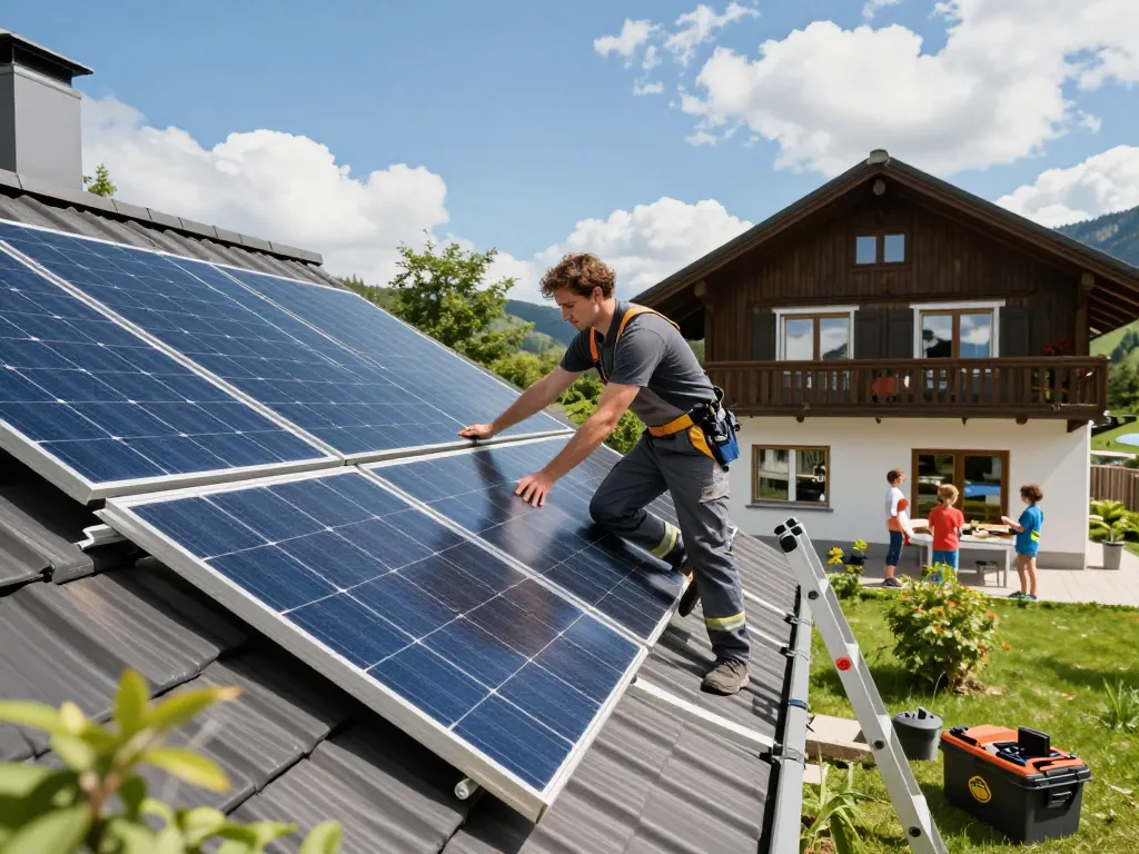 Photovoltaik Bayern: Techniker installiert Solarpanels auf einem bayerischen Zuhause, während eine Familie zusieht.