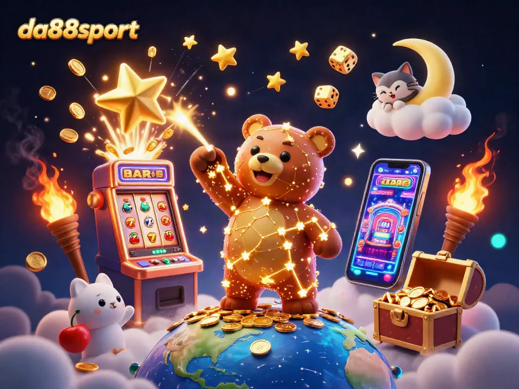 Engage with da88sport's vibrant gaming world as a constellation bear scoops coins amidst a jackpot explosion.