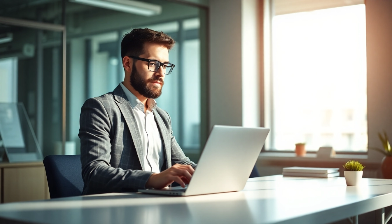 Headhunter arbeitet fokussiert am Laptop in einem modernen Büro, um Top-Talente zu finden.