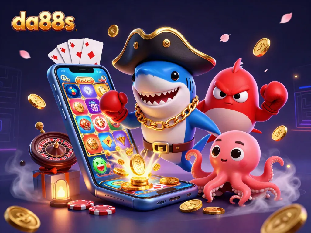 Engage with da88s in a vibrant scene featuring a cartoon shark, pufferfish, and octopus among casino elements.