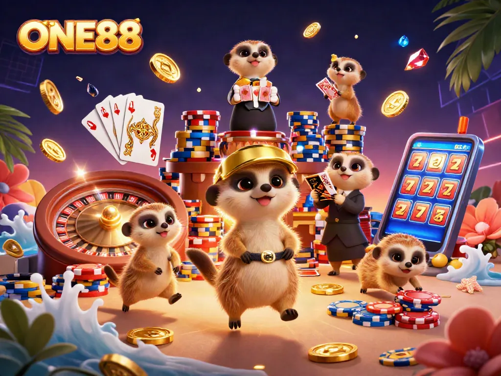 Experience thrilling wins with ONE88 in this vibrant casino scene filled with meerkats and colorful game elements.