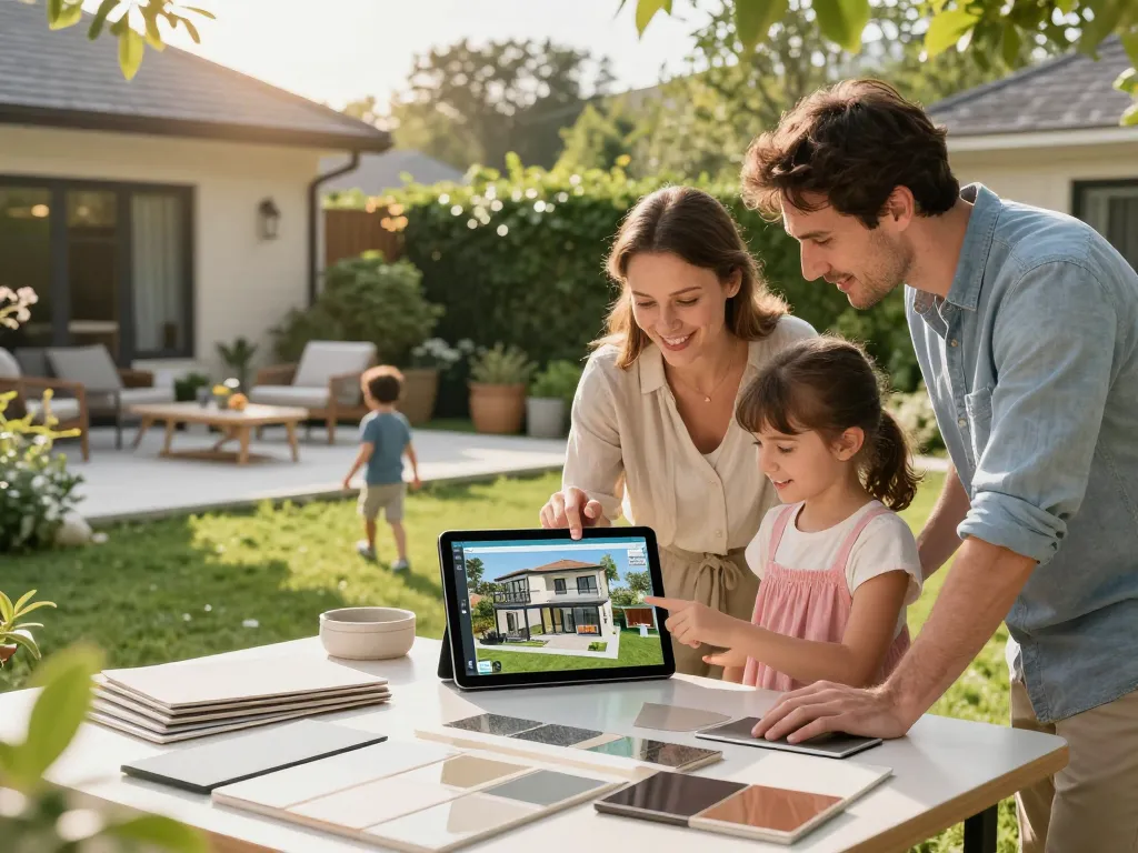 Engagierte Familie, die einen Veranda 3D Konfigurator auf einem Tablet in einem sonnigen Hinterhof erkundet.