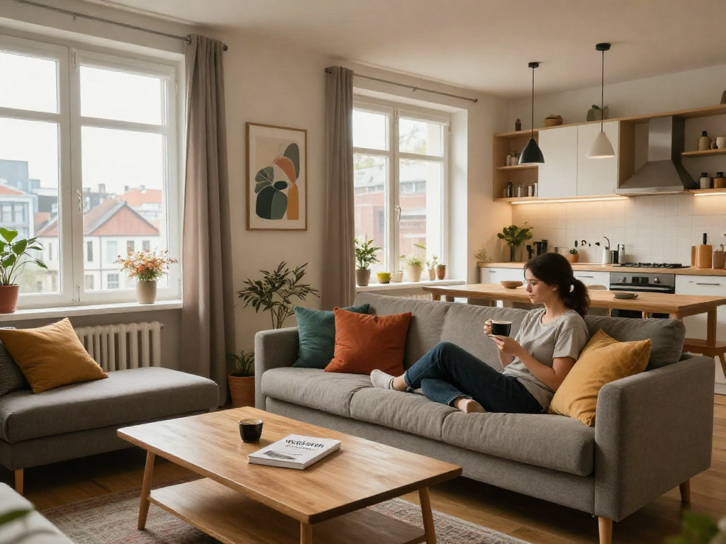 Ein einladendes Wohnzimmer in einer Monteurwohnung Hannover mit gemütlicher Couch und moderner Küche.