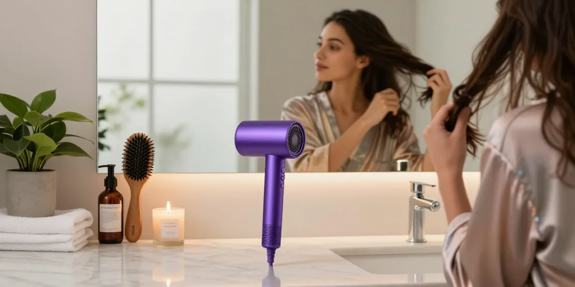 Using a compact hair dryer, a woman styles her hair in a modern bathroom setting.