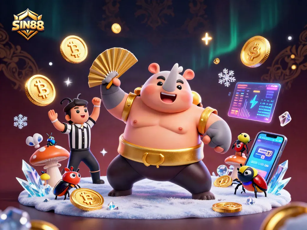 SIN88 captivates with an exciting 3D casino scene featuring beetles amidst neon crypto elements.