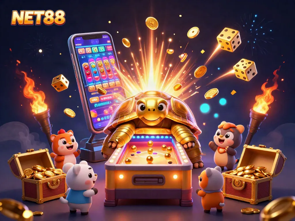 Engage with exciting games at NET88, featuring animated 3D elements like jackpots and colorful casino items.
